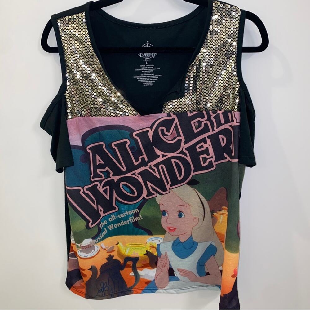 Disney Parks Alice in Wonderland Sequin Cold Shoulder Black Top Size Large